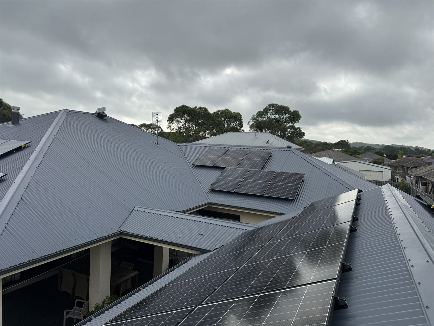 Solar panels on a multi-pitch metal roof